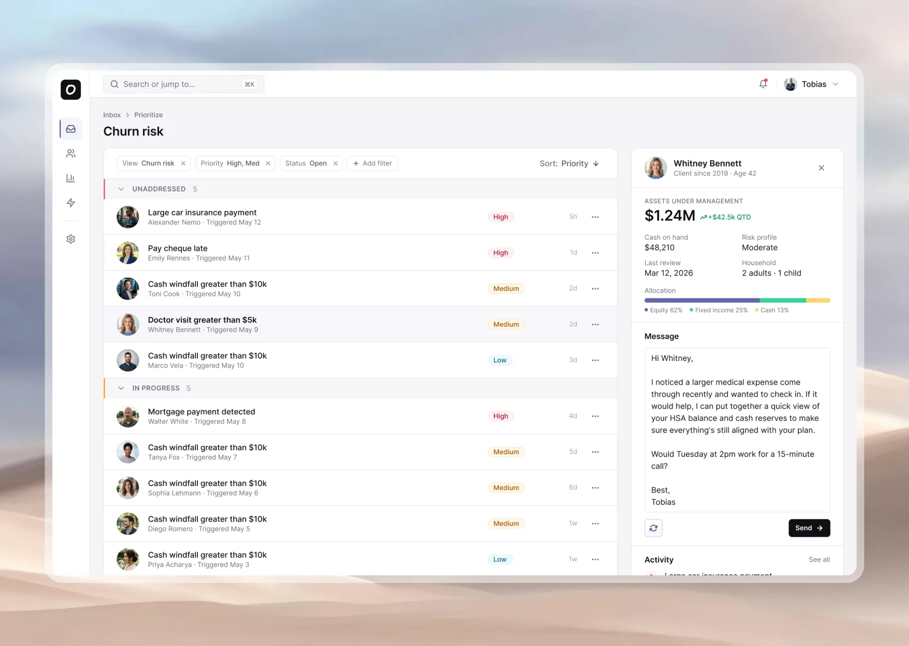 Responsive AI Prioritize — AI-powered financial advisor workflow, screen 1